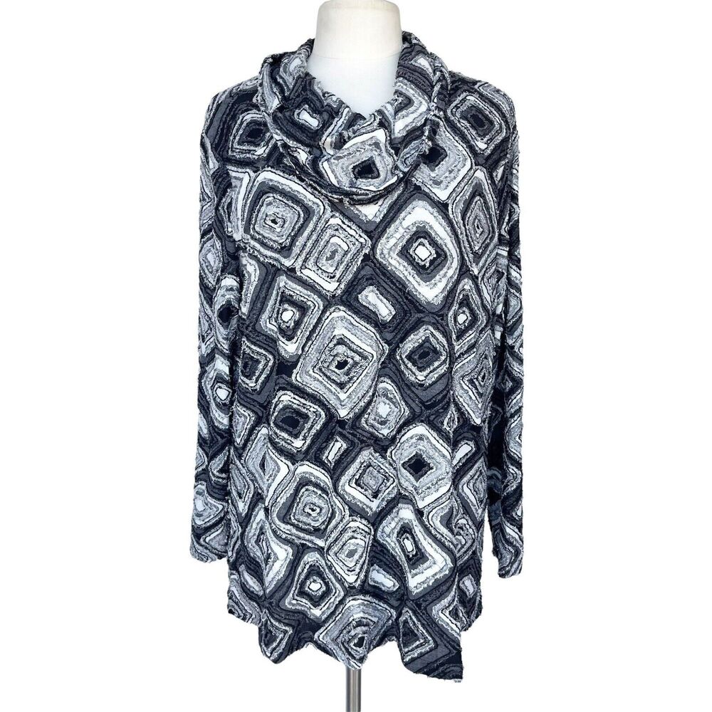 Ali Miles Cowl Tunic Sweater Black/Gray/White Textured knit Long Sleeve Size XL